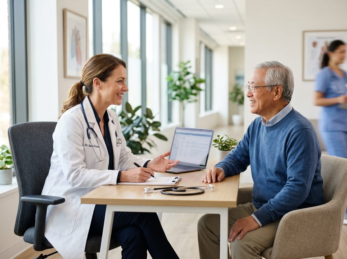 Senior patient discussing healthcare coverage with doctor