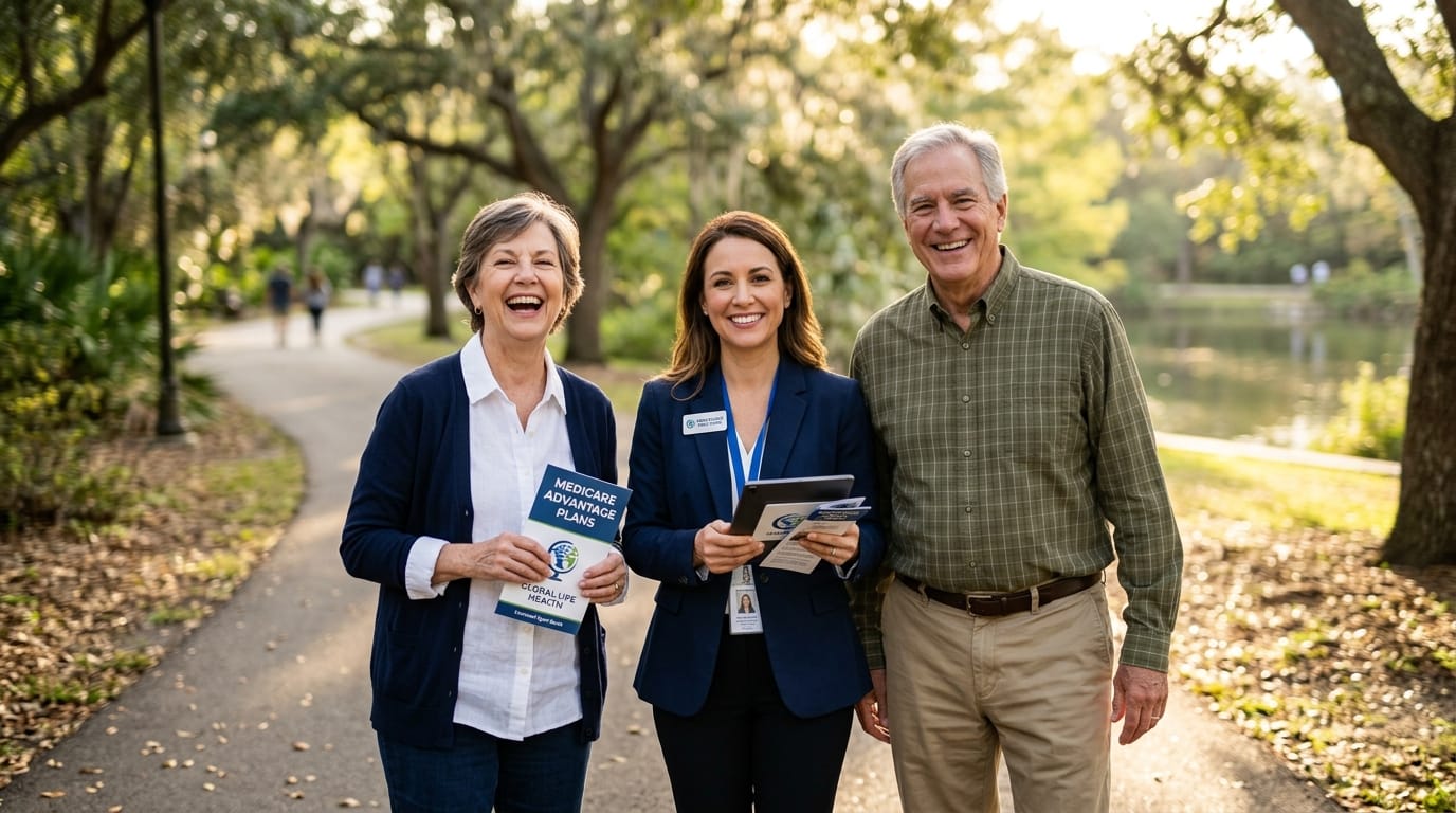 Happy senior couple smiling warmly with healthcare advisor outdoors
